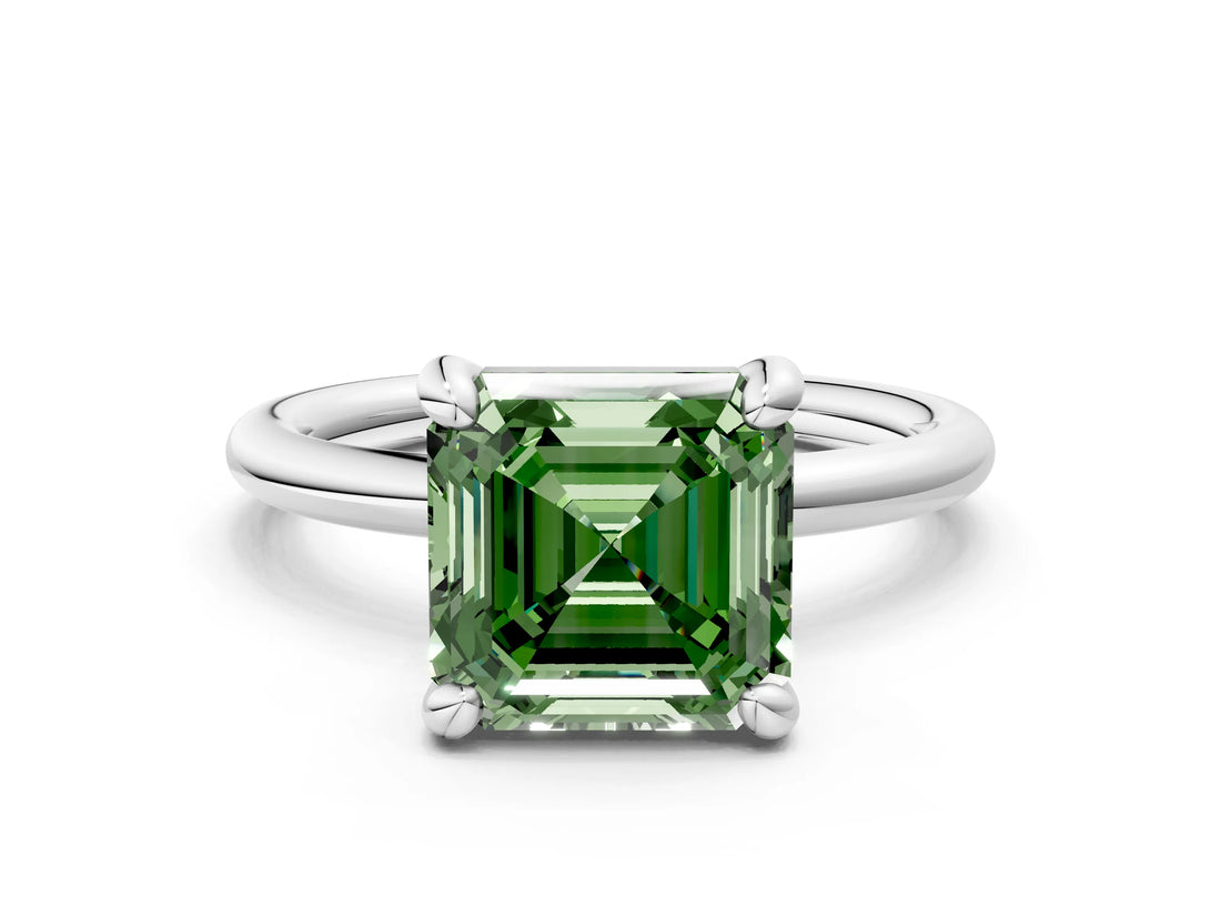 White gold Fancy Green Asscher  Solitaire Diamond Ring with Four-Prong Setting on a Plain Band_36