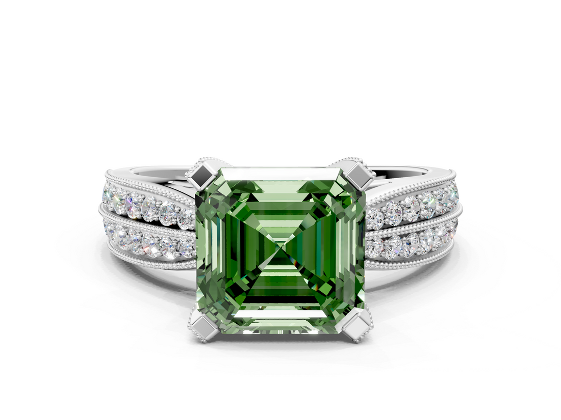 White gold Fancy Green Asscher  Solitaire Diamond Ring with Milgrain Pavé Band and Four-Prong Setting_54