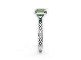 White gold Fancy Green Asscher  Solitaire Diamond Ring with Milgrain and Black Enamel X Pattern Band_48