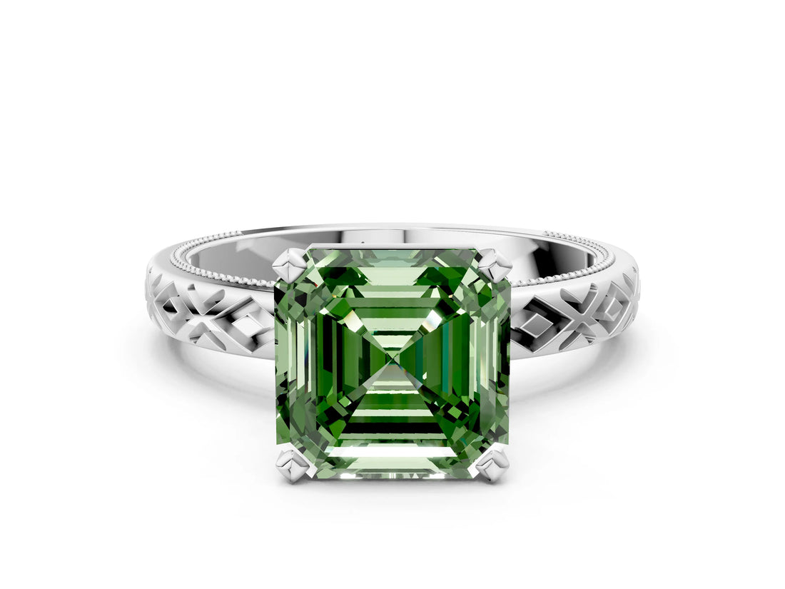 White gold Fancy Green Asscher  Solitaire Diamond Ring with Milgrain and Black Enamel X Pattern Band_51