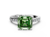 White gold Fancy Green Asscher  Solitaire Diamond Ring with Pavé Band and Four-Prong Setting
