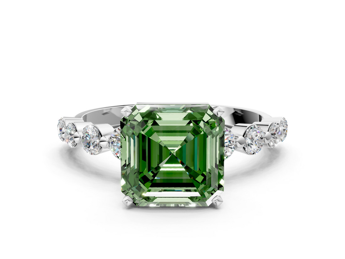 White gold Fancy Green Asscher  Solitaire Diamond Ring with Pave Band and Four-Prong Setting_17