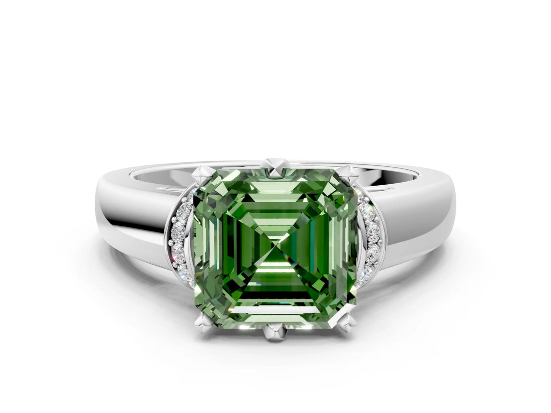White gold Fancy Green Asscher  Solitaire Diamond Ring with Pave Band and Six-Prong Setting_77
