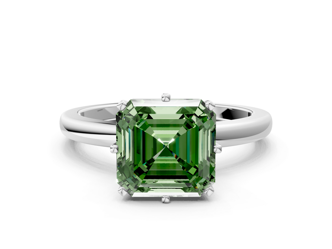 White gold Fancy Green Asscher  Solitaire Diamond Ring with Six-Prong Setting on a Classic Band