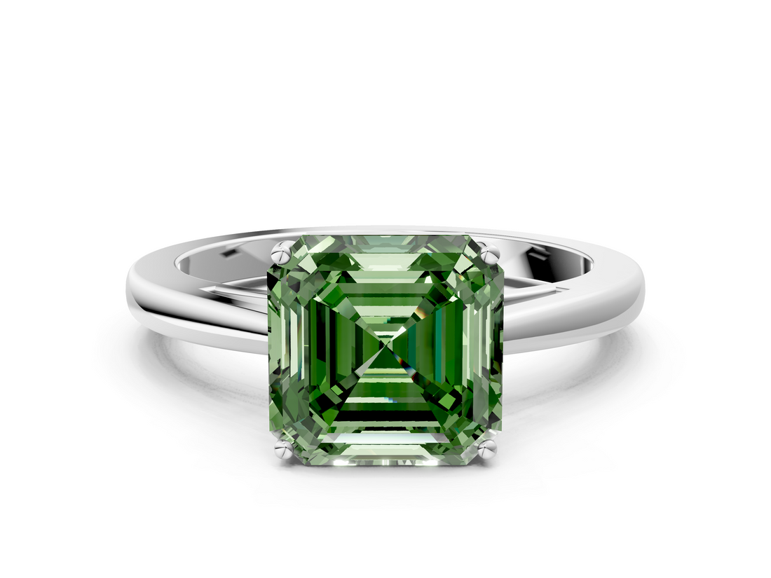 White gold Fancy Green Asscher  Solitaire Diamond Ring with Split Shank and Four-Prong Setting