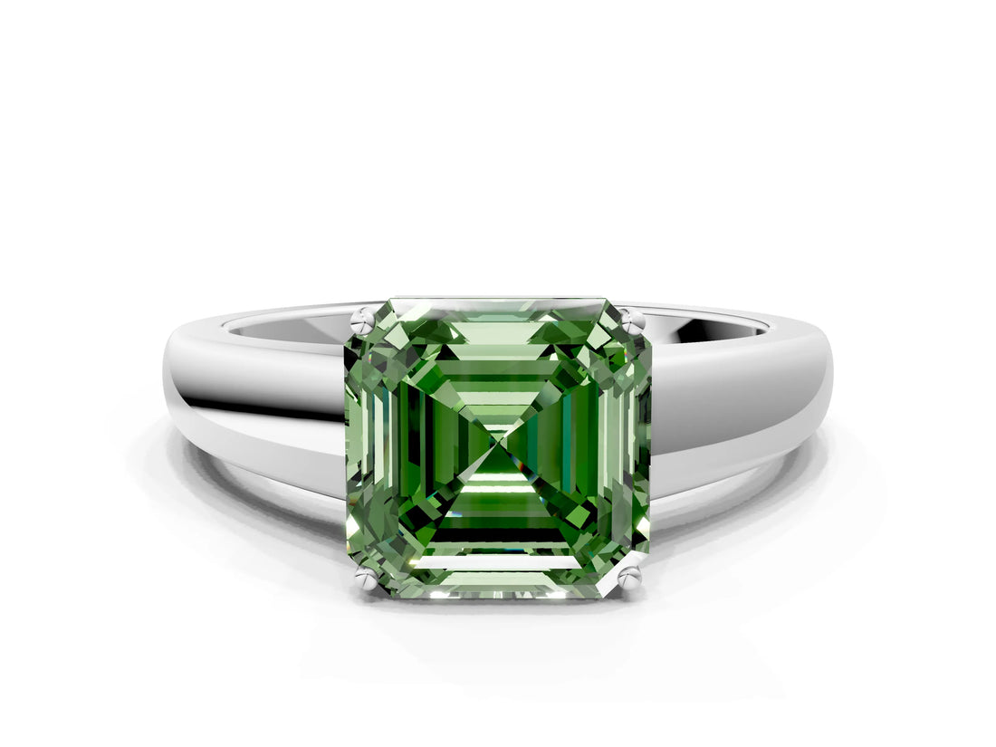 White gold Fancy Green Asscher  Solitaire Diamond Ring with Tapered Band and Four-Prong Setting_29