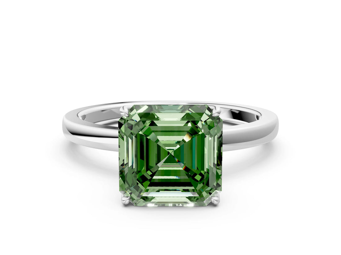 White gold Fancy Green Asscher  Solitaire Diamond Ring with Thin Band and Four-Prong Setting_72