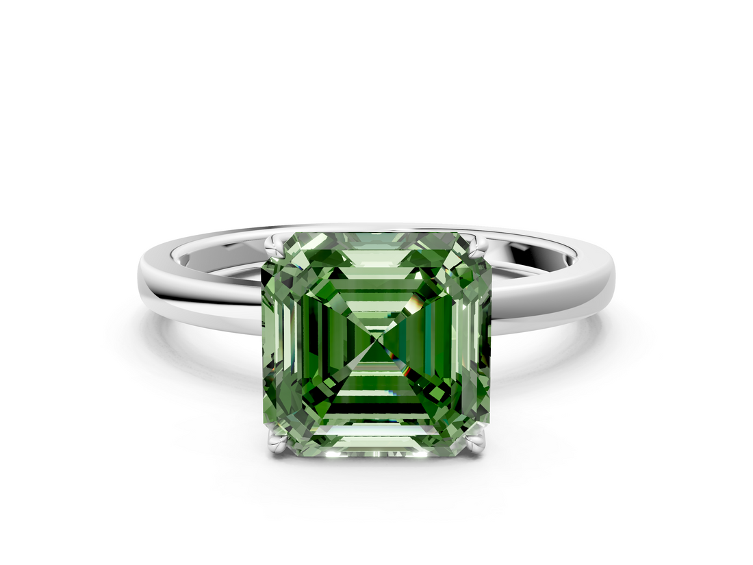White gold Fancy Green Asscher  Solitaire Diamond Ring with Thin Band and Four-Prong Setting