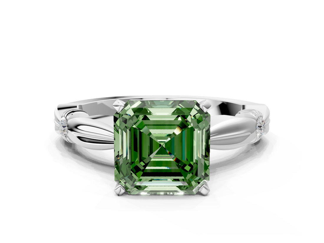 White gold Fancy Green Asscher  Solitaire Diamond Twisted Band with Four-Prong Setting