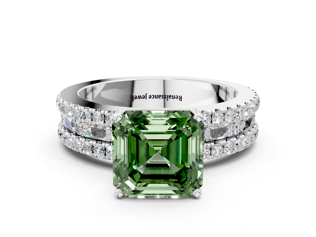 White gold Fancy Green Asscher  Solitaire Diamond with Pave and Channel Set Band_17