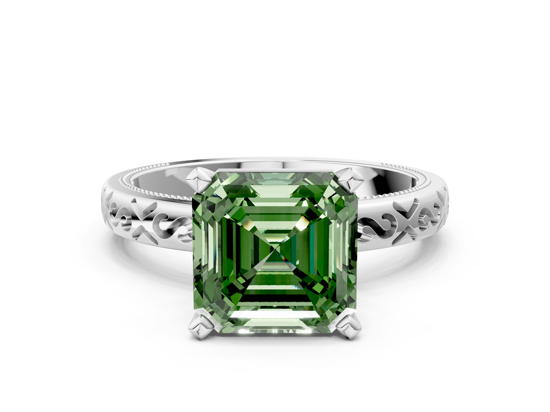 White gold Fancy Green Asscher  Solitaire Engagement Ring with Scrollwork Band and Four-Prong Setting_17
