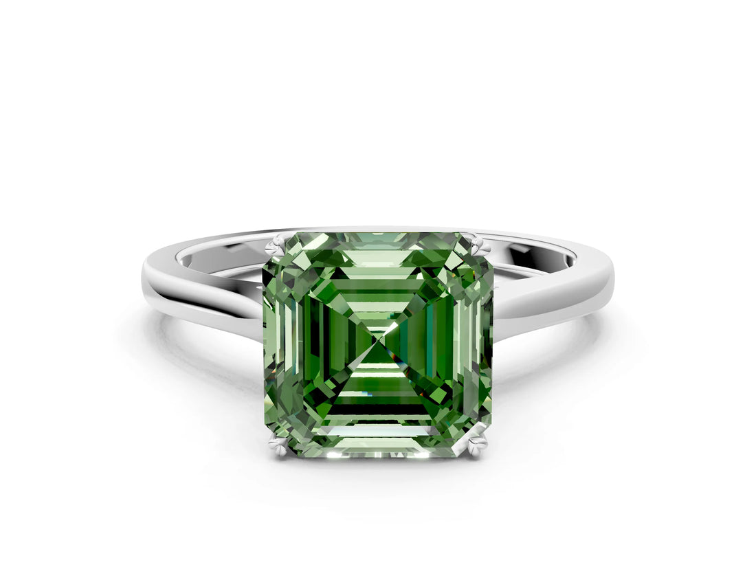 White gold Fancy Green Asscher  Solitaire Heart Prong Engagement Ring with Tapered Band_37