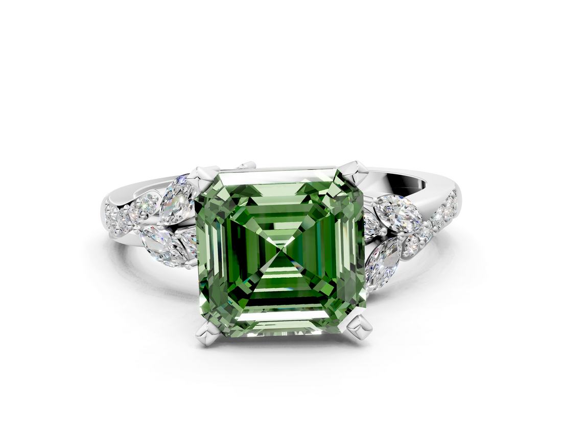 White gold Fancy Green Asscher  Solitaire Marquise Twist Band with Six-Prong Setting