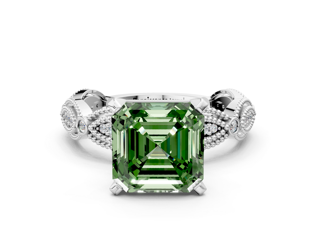 White gold Fancy Green Asscher  Solitaire Milgrain Diamond Engagement Ring with Bezel and Marquise Band