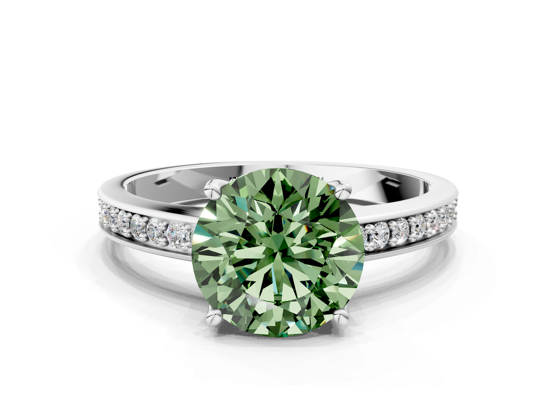 White gold Fancy Green Asscher  Solitaire Pavé Band Prong Setting Ring