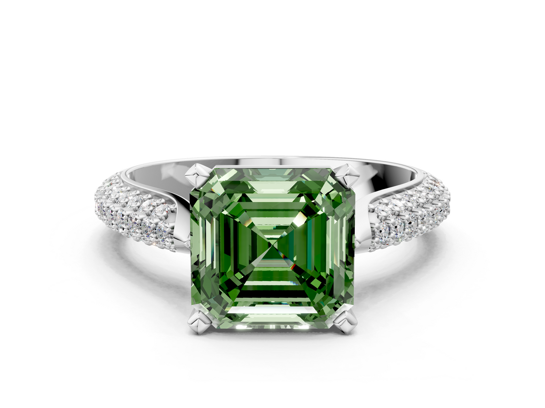White gold Fancy Green Asscher  Solitaire Pavé Diamond Engagement Ring with Four-Prong Setting_16