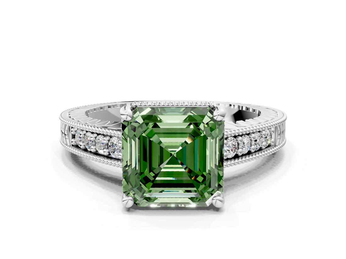 White gold Fancy Green Asscher  Solitaire Pavé Diamond Milgrain Engagement Ring with Four-Prong Setting