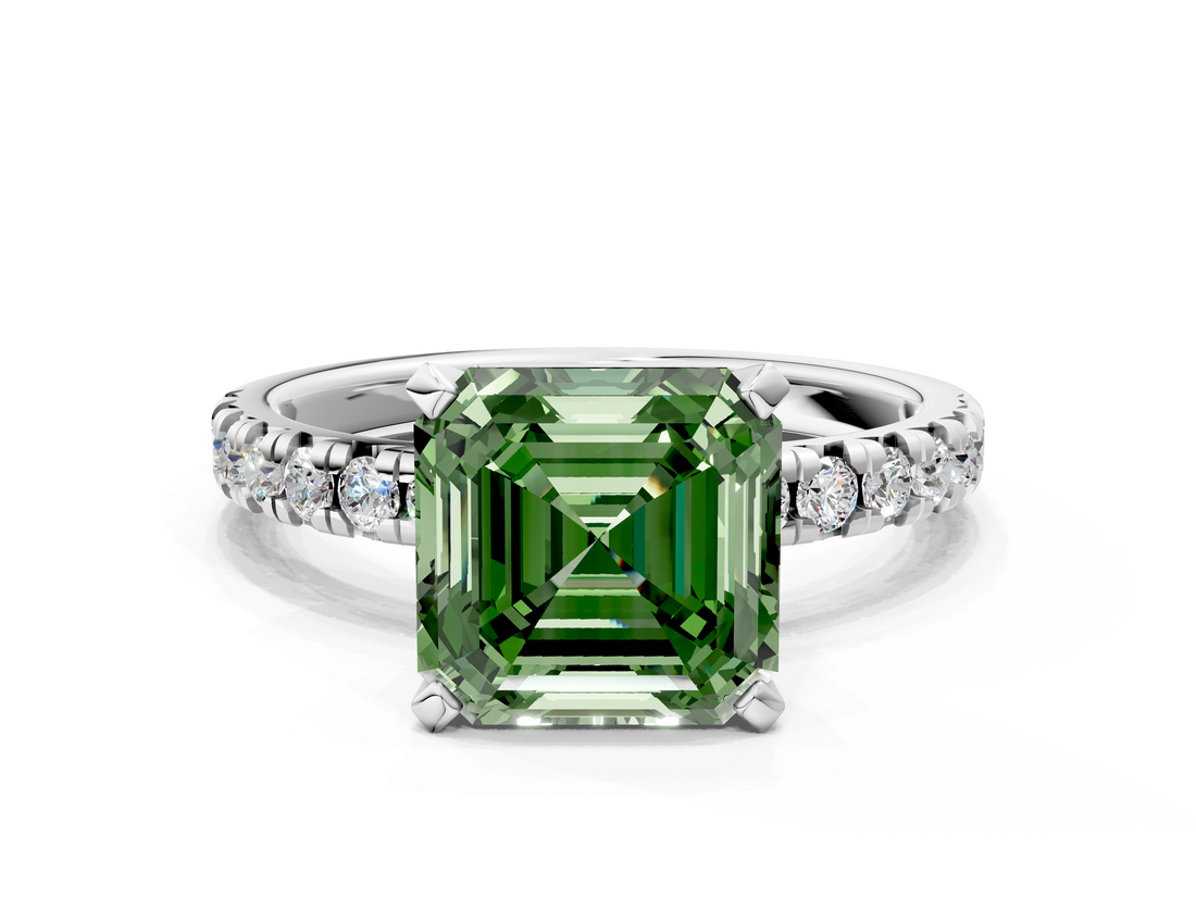White gold Fancy Green Asscher  Solitaire Pave Diamond Engagement Ring with Four-Prong Setting