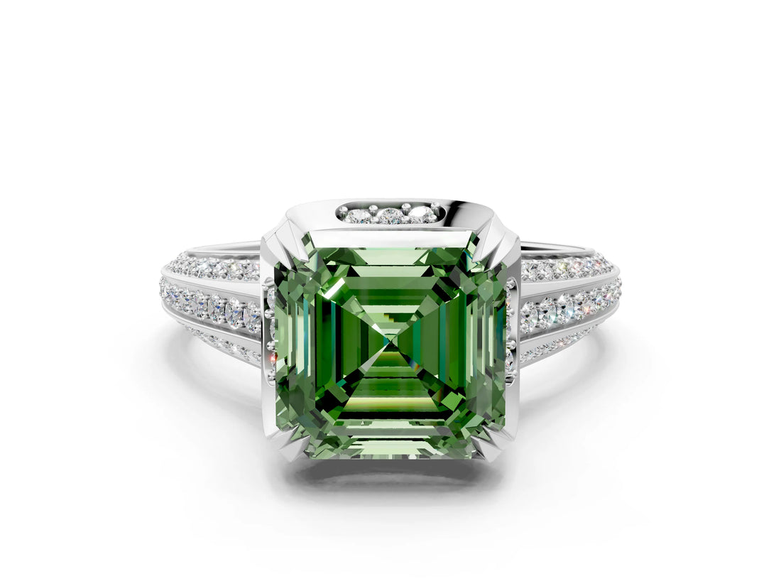 White gold Fancy Green Asscher  Solitaire Pave Split Shank Ring with Four-Prong Setting_93
