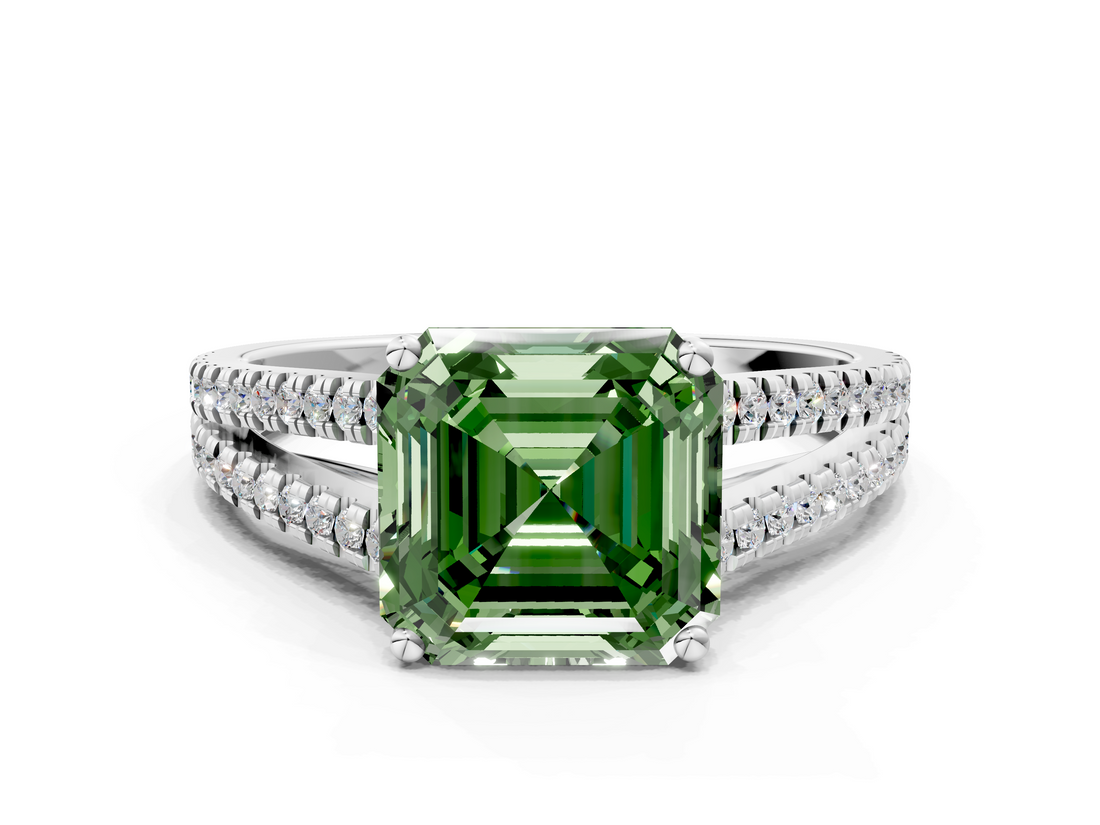White gold Fancy Green Asscher  Solitaire Split Shank Pavé Diamond Engagement Ring
