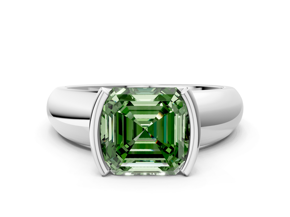 White gold Fancy Green Asscher  Solitaire Tension Set Diamond Ring with Wide Band