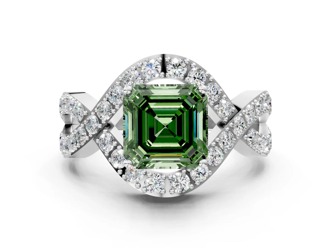 White gold Fancy Green Asscher  Solitaire Twist Band Pavé Diamond Engagement Ring_15