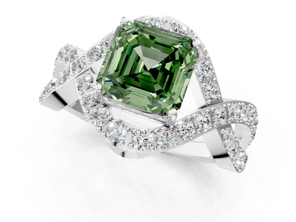 Platinum Asscher Cut Infinity Twist Engagement Ring Setting for Fancy Green Center with Pave Ribbons