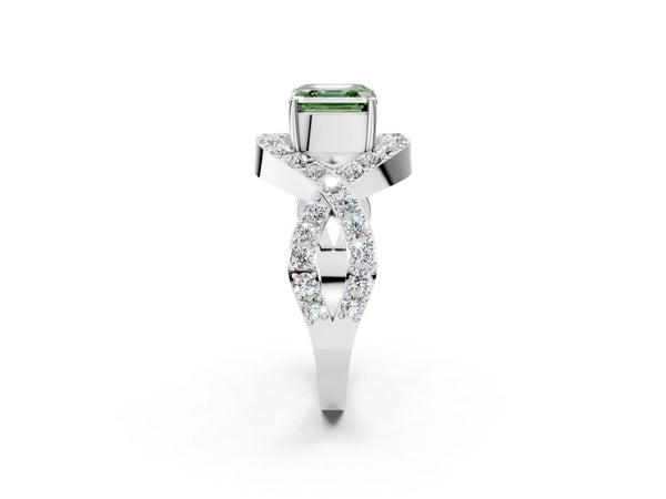 Platinum Asscher Cut Infinity Twist Engagement Ring Setting for Fancy Green Center with Pave Ribbons