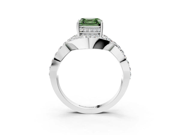 Platinum Asscher Cut Infinity Twist Engagement Ring Setting for Fancy Green Center with Pave Ribbons