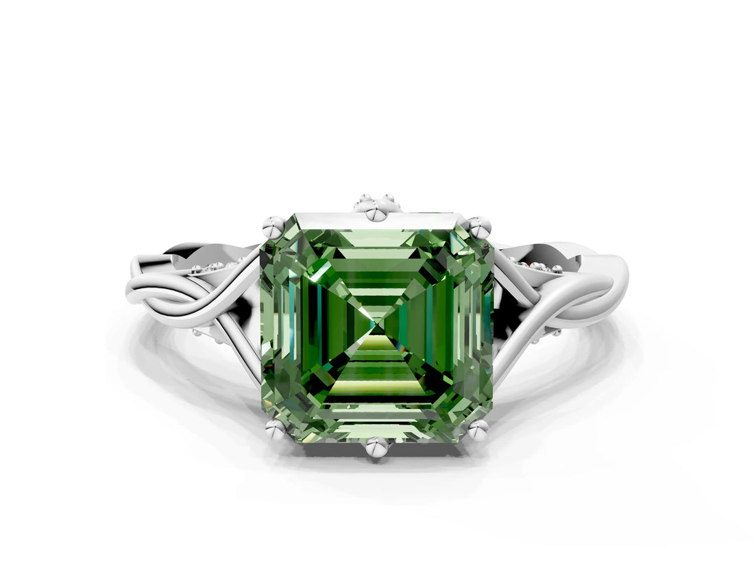 White gold Fancy Green Asscher  Solitaire Twist Band Six-Prong Setting 1
