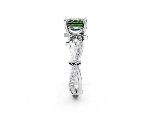 White Gold Asscher Cut Crossover Twist Pave Engagement Ring Setting for Fancy Green Center