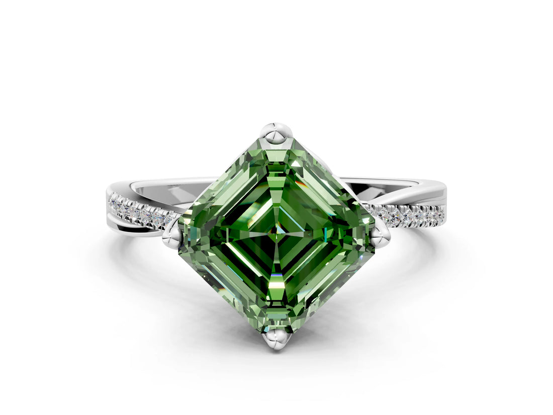White gold Fancy Green Asscher  Solitaire Twist Band with Pavé Diamonds and Four-Prong Setting_116