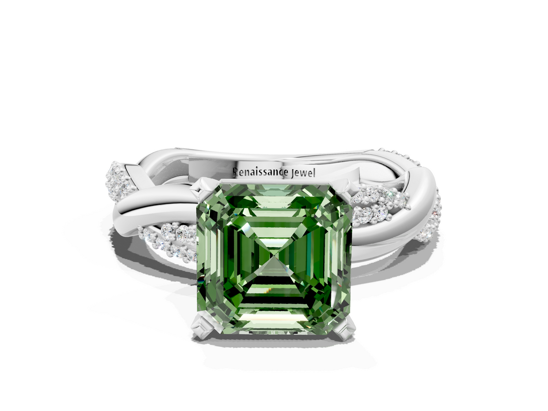 White gold Fancy Green Asscher  Solitaire Twist Band with Pave Prong Setting_18