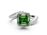 White gold Fancy Green Asscher  Solitaire Twist Band with Pave Set Diamonds and Four-Prong Setting