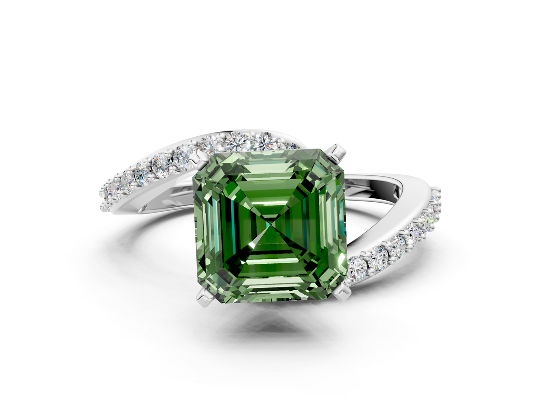 White gold Fancy Green Asscher  Solitaire Twist Band with Pave Set Diamonds and Four-Prong Setting