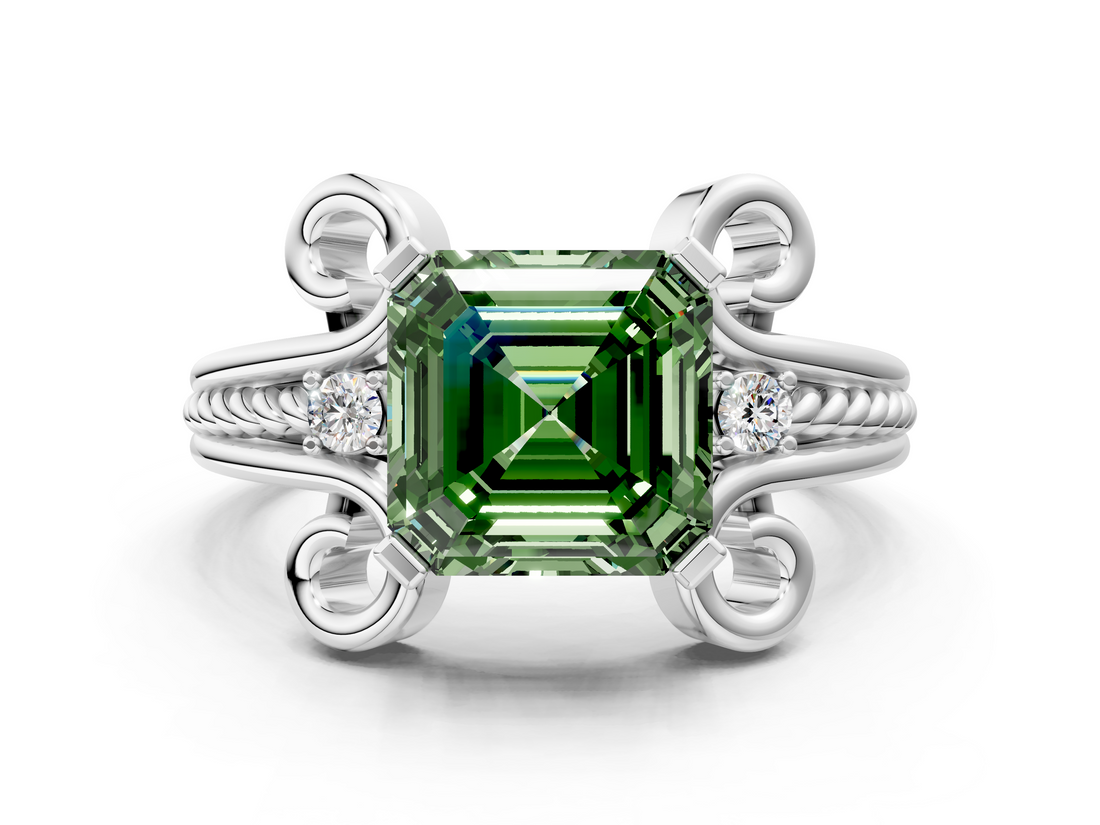 White gold Fancy Green Asscher  Solitaire Twisted Band Scroll Prong Ring_3