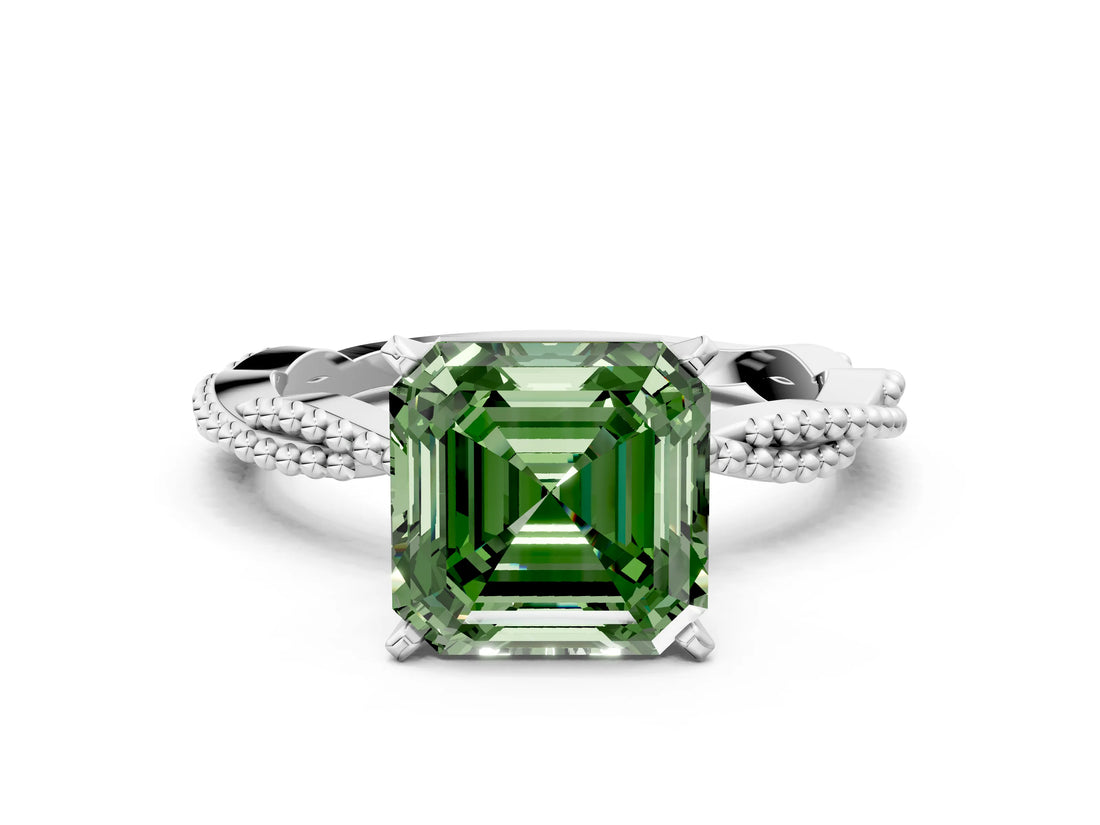 White gold Fancy Green Asscher  Solitaire Twisted Band with Bead Prong Setting_46
