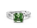 White gold Fancy Green Asscher  Solitaire Twisted Band with Pavé Accents and Four-Prong Setting