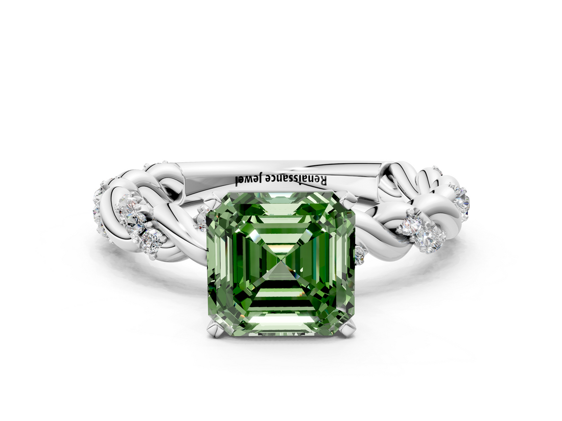 White gold Fancy Green Asscher  Solitaire Twisted Band with Pavé Accents and Four-Prong Setting