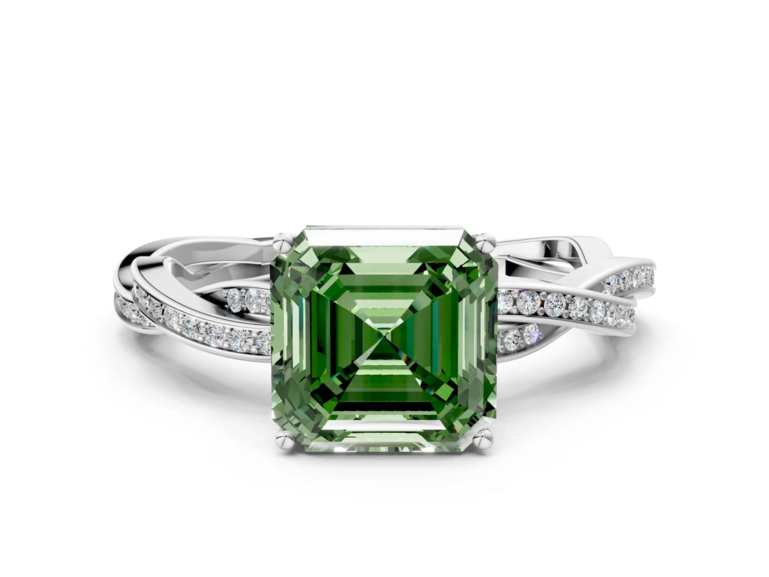 White gold Fancy Green Asscher  Solitaire Twisted Pave Diamond Ring with Four-Prong Setting_24