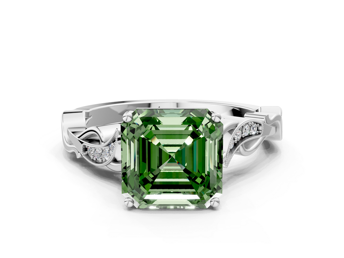 White gold Fancy Green Asscher  Solitaire Vine Band with Milgrain Prong Setting_3
