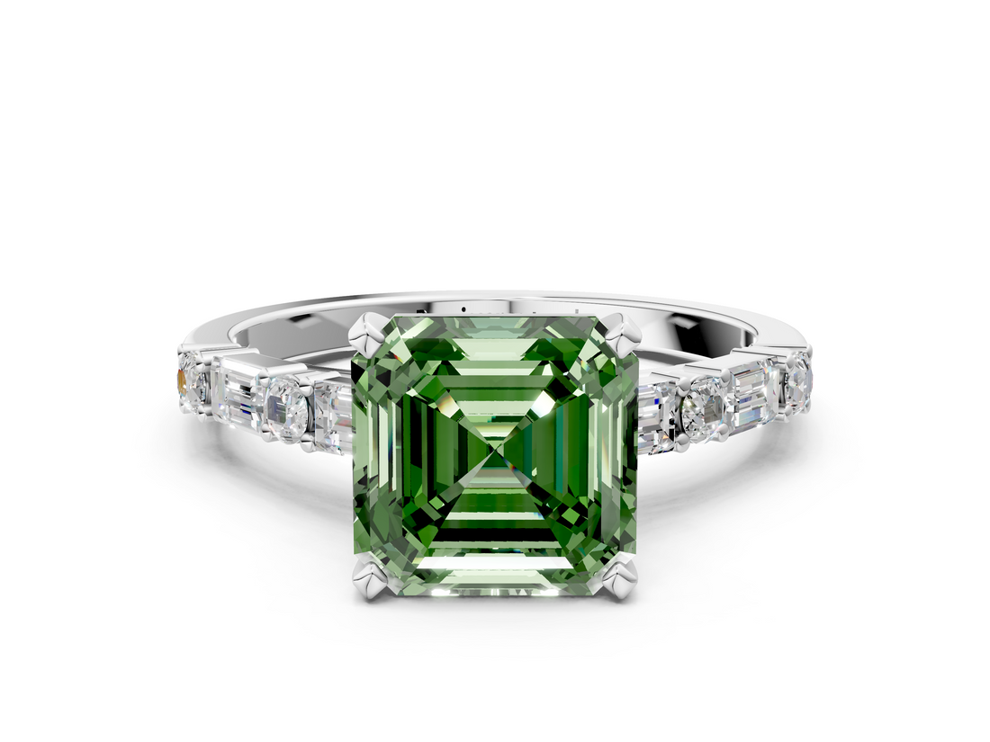 White gold Fancy Green Asscher  Solitaire with Side Baguettes and Channel Set Band