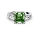 White gold Fancy Green Asscher  Solitaire with Tapered Baguette Side Stones on a Classic Band with Four-Prong Setting