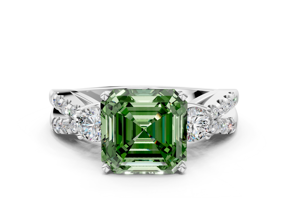 White gold Fancy Green Asscher  Three-Stone Diamond Ring with Pavé Split Shank and Four-Prong Setting_17