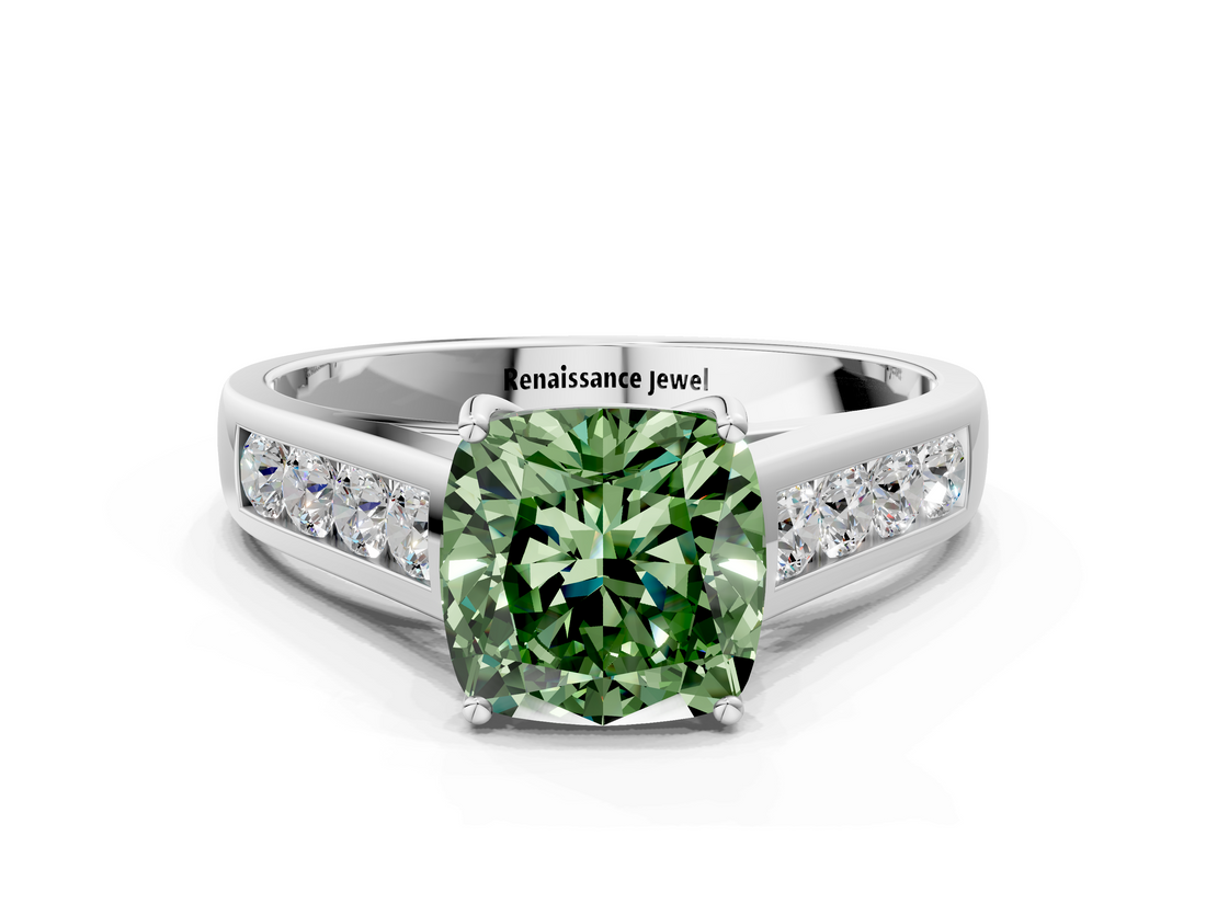White gold Fancy Green Cushion  Brilliant Channel-Set Solitaire Ring with Four-Prong Setting_37