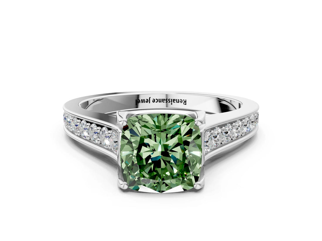 White gold Fancy Green Cushion  Brilliant Cut Diamond Engagement Ring with Pavé Band and Four-Prong Setting_50