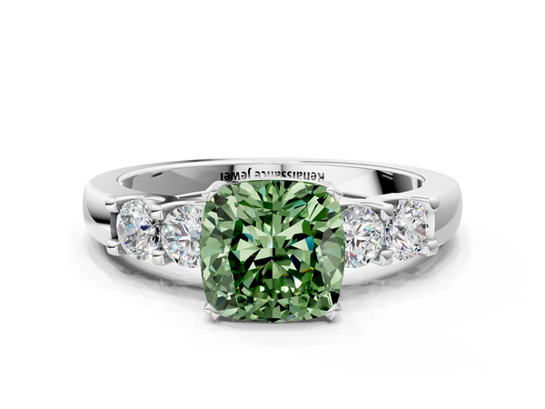 White gold Fancy Green Cushion  Brilliant Cut Diamond Five-Stone Prong Set Engagement Ring with Channel Band