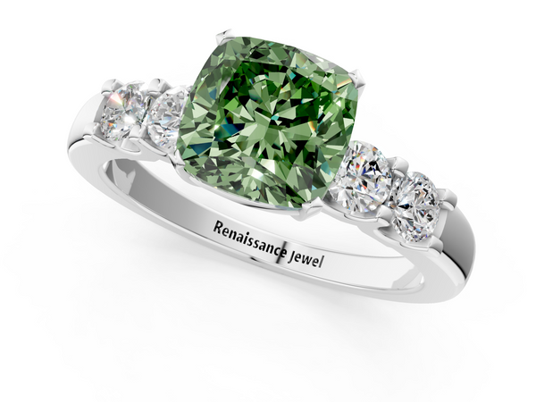 White gold Fancy Green Cushion  Brilliant Cut Diamond Five-Stone Prong Set Engagement Ring with Channel Band