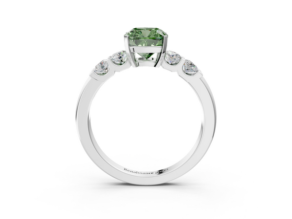 White gold Fancy Green Cushion  Brilliant Cut Diamond Five-Stone Prong Set Engagement Ring with Channel Band