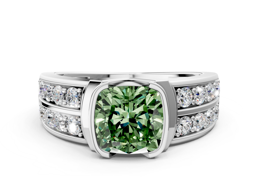 White gold Fancy Green Cushion  Brilliant Diamond Channel Set Wide Band Ring with Bezel Setting_20